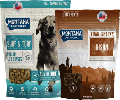 Surf and Turf Dog Food and Bison Dog Treat Adventure Fuel Bundle - 16 oz Freeze-Dried Raw Food with Single Ingredient Training Snacks