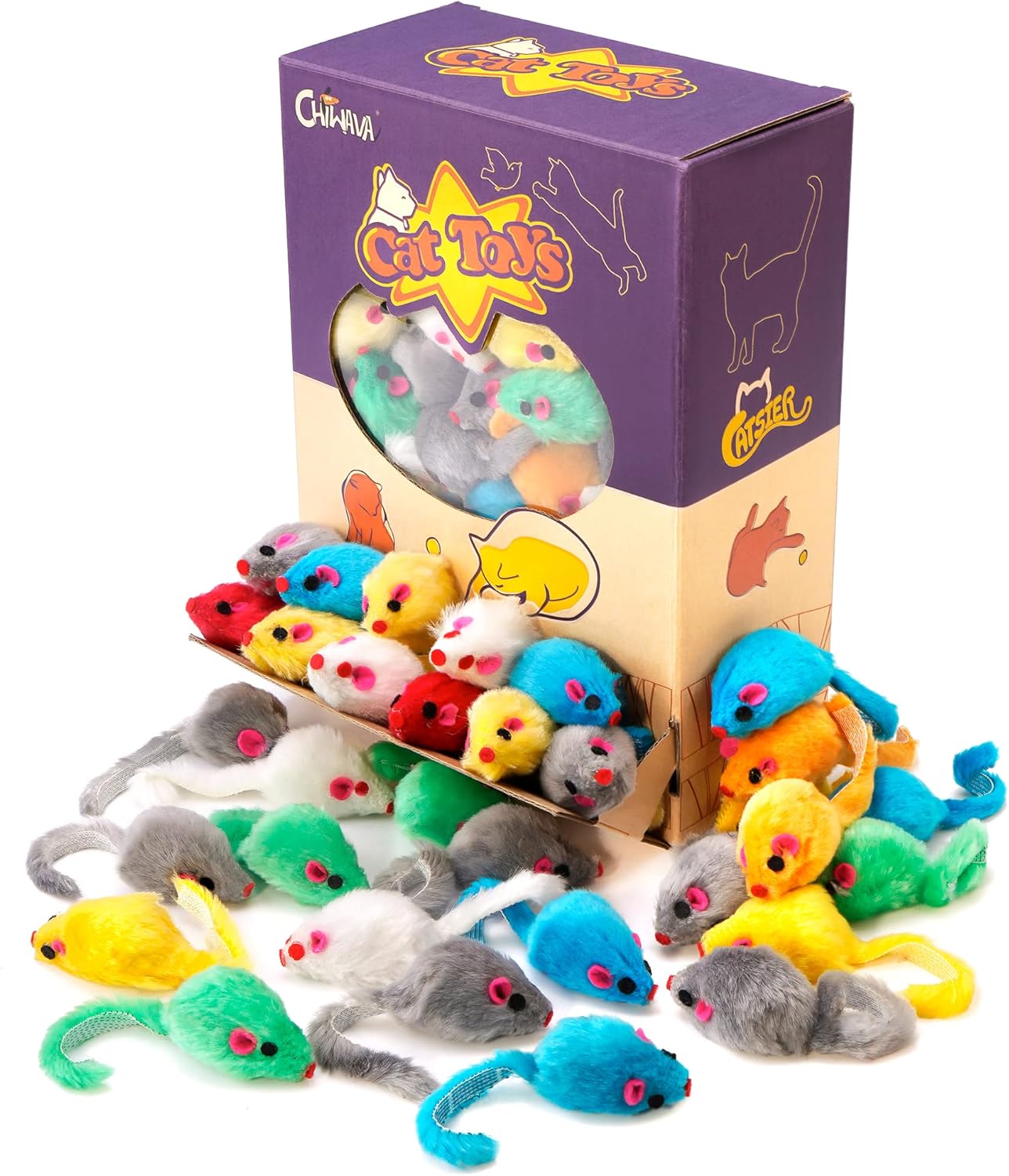 CHIWAVA 60PCS 4.1'' Furry Cat Toy Mice Rattle Small Mouse Kitten Interactive Play Assorted Color