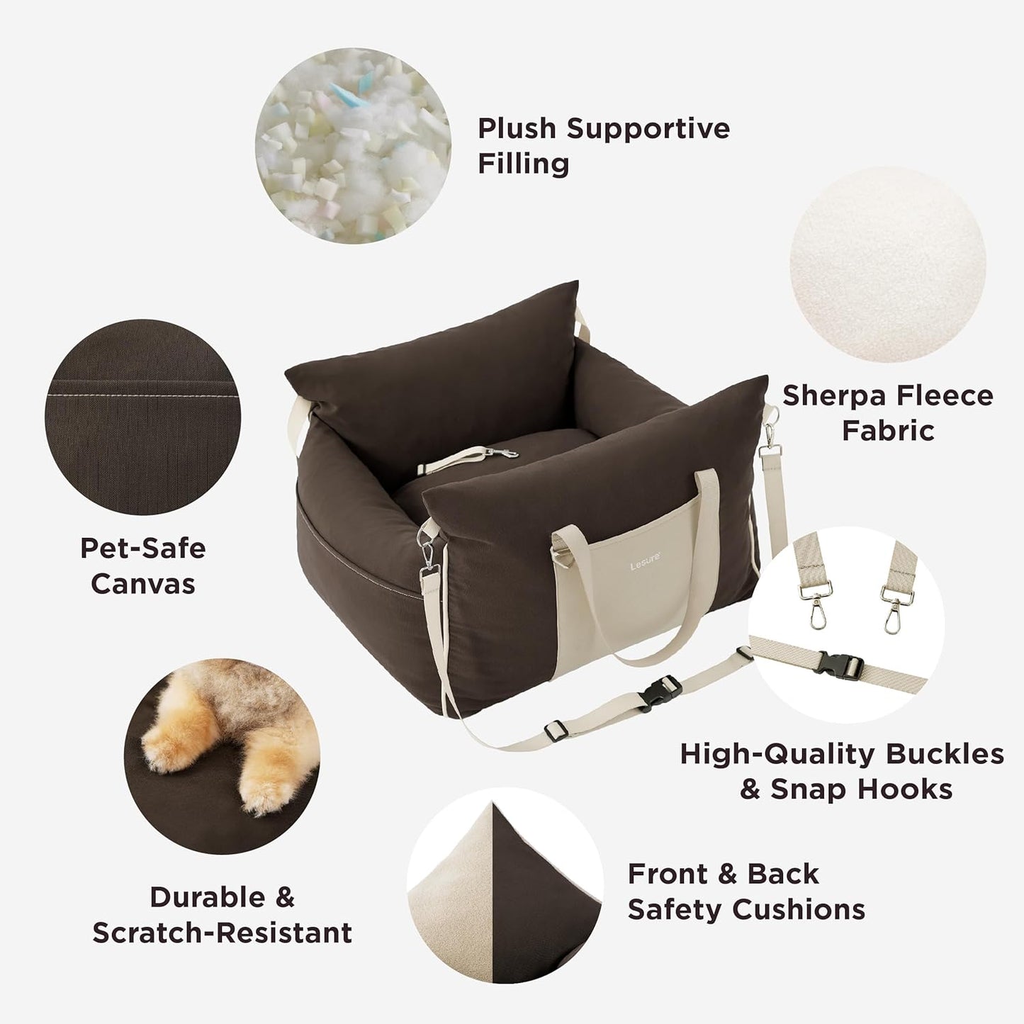 Lesure Small Dog Car Seat for Small Dogs - Soft Dog Booster Seat for Car with Storage Pocket and Clip-On Safety Leash and Thickened Memory Foam Filling, Pet Travel Carrier Bed Brown