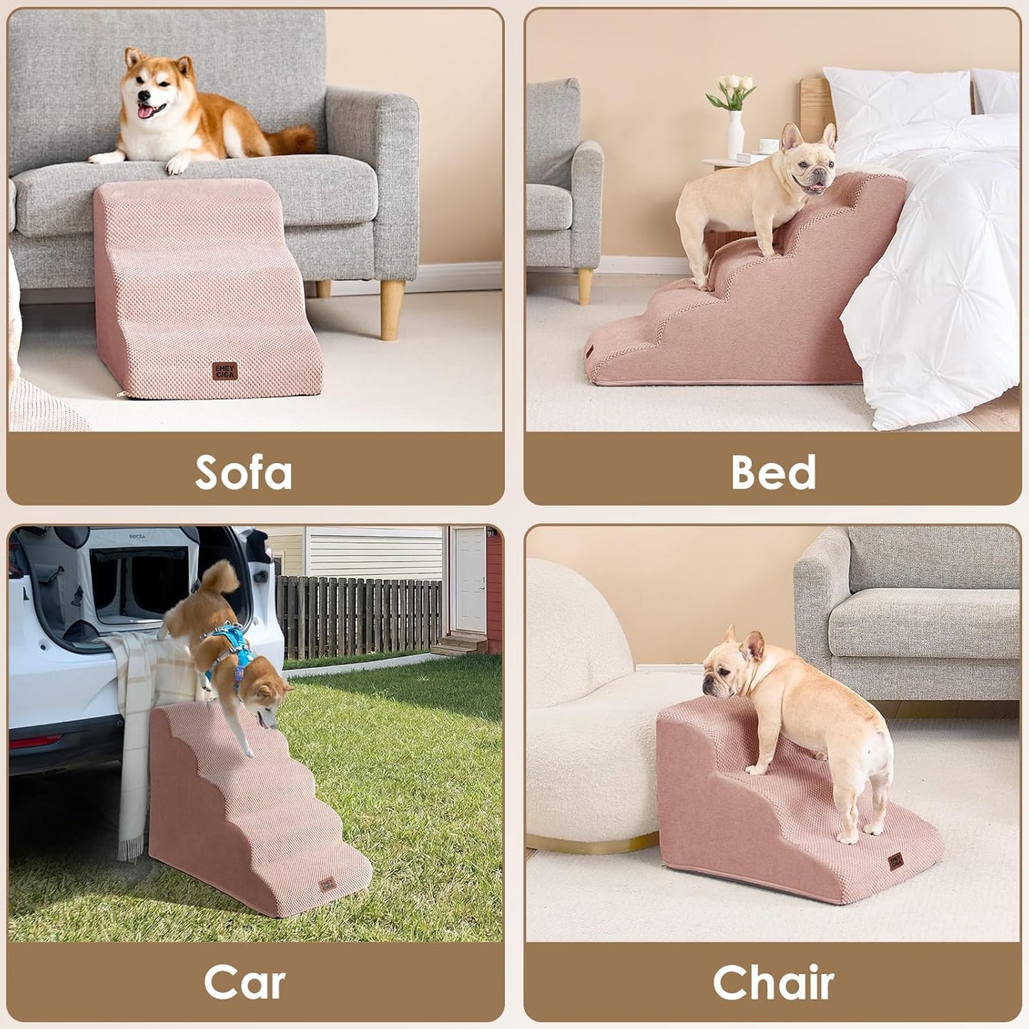 EHEYCIGA Curved Dog Stairs Ramp for High Beds 22.6" H, 5-Step Dog Steps for Small Dogs and Cats, Pet Stairs for High Bed Climbing, Non-Slip Balanced Pet Step Indoor, Dusty Pink