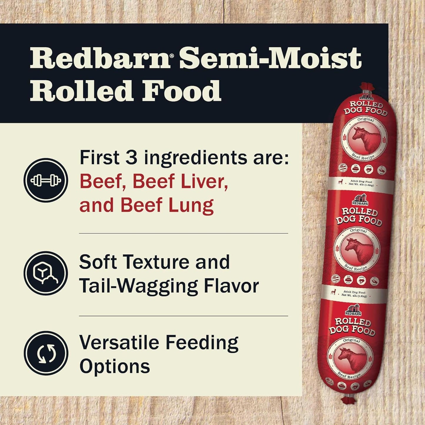 Redbarn Pet Products Premium Rolled Dog Food, Semi-Moist, Beef Recipe - High Protein Full Feed, Topper, Training Treat, or Pill Pouch - Balanced Meal with Functional Ingredients - 4 lb, 8 Rolls