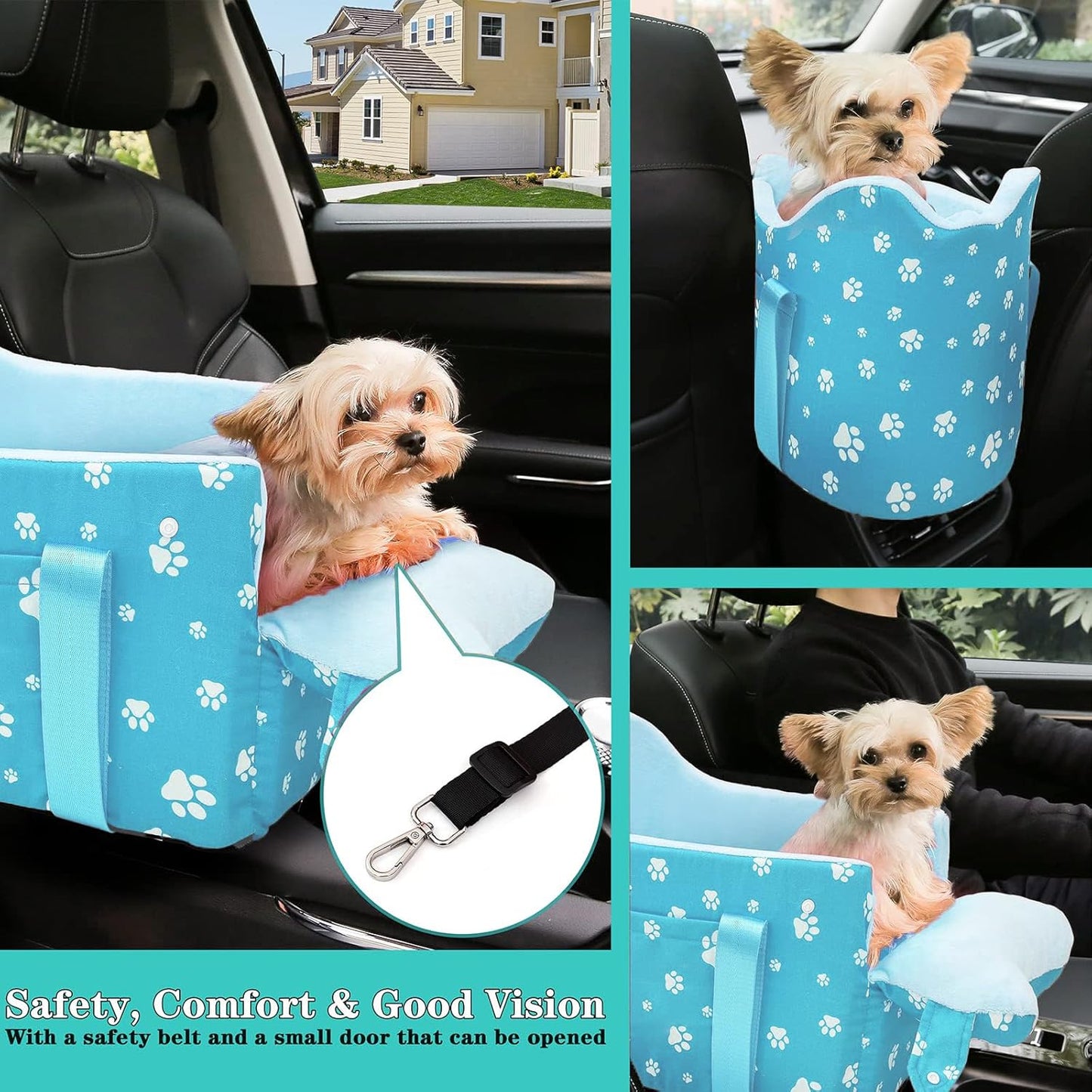 Cullaby Center Console Dog Car Seat for Small Dogs Under 15lbs,Detachable Washable Booster Pet Car Seat Travel Bed with Storage Pockets and Seat Belt(Blue)