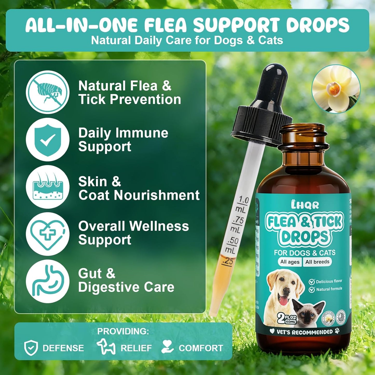 Flea and Tick Prevention for Dogs and Cats, Natural Oral Flea and tTick Treatment, Supports Flea Defense, Healthy Skin & Coat, Herbal Ingredients Suit for All Breeds and Sizes - Vanilla-2 FL Oz