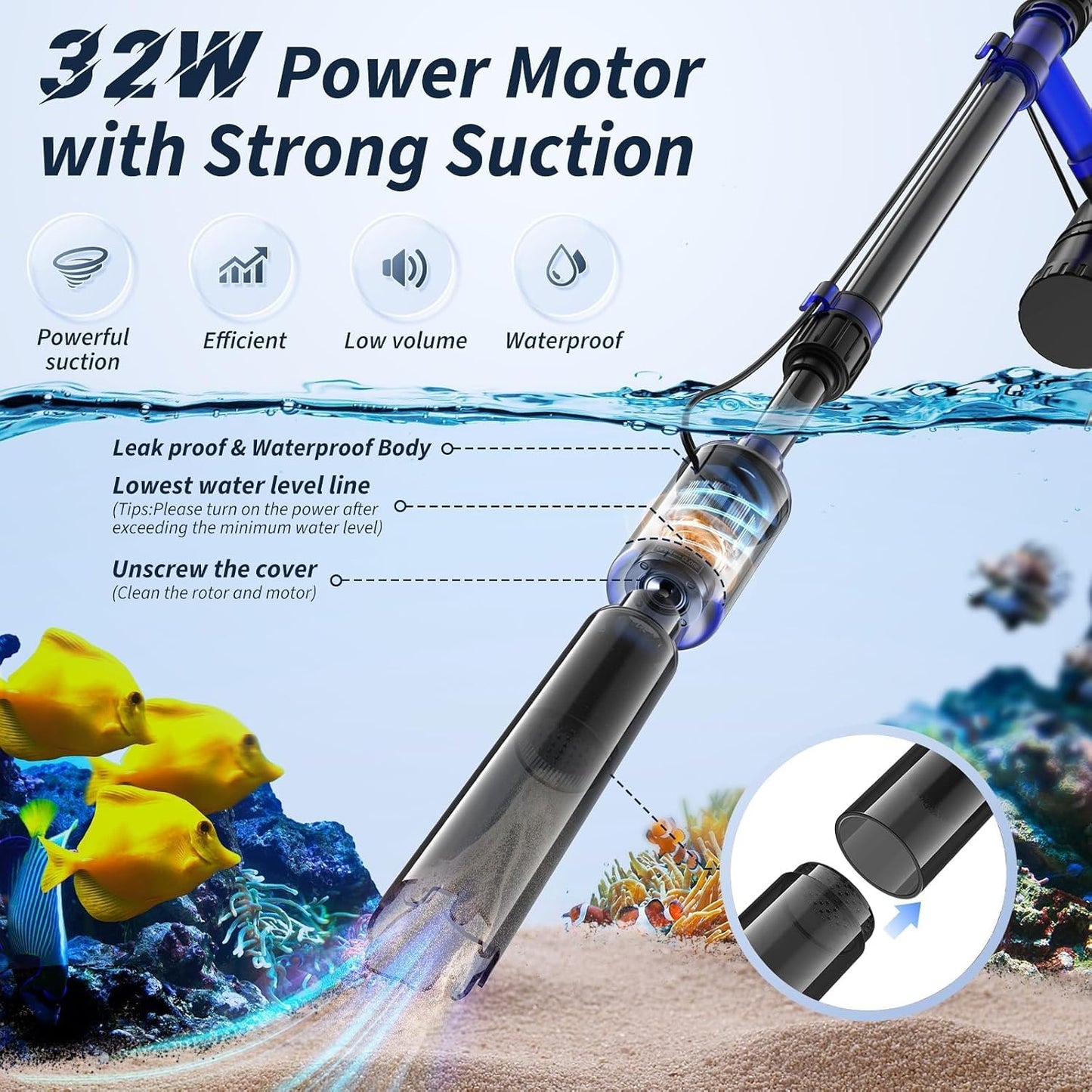 Fish Tank Cleaner, Aquarium Gravel Cleaner, 530GPH/32W Electric Fish Tank Cleaning Tools, Adjustable Water Flow Aquarium Gravel Cleaner, Turtle Tank Gravel Cleaner Vacuum for Wash Sand, Water Changing