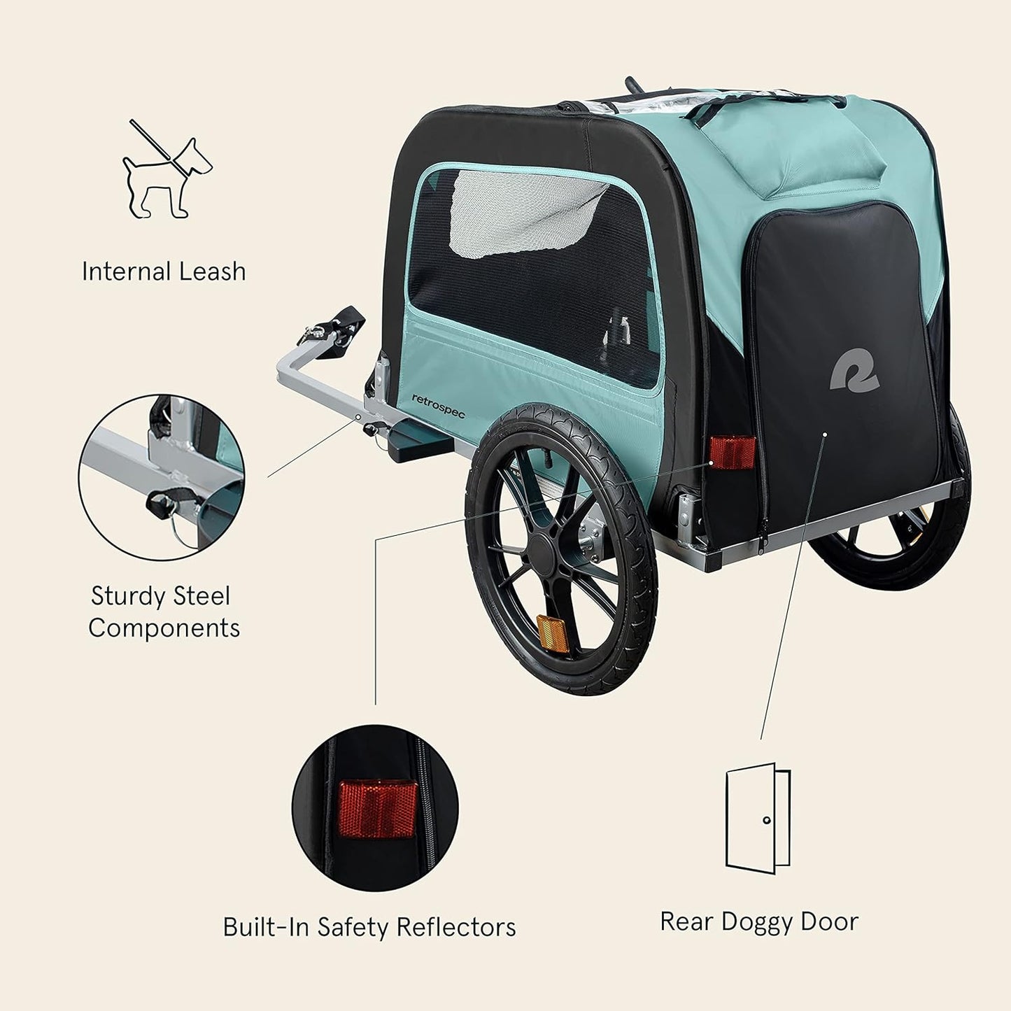Retrospec Rover Waggin' Pet and Dog Bike Trailer with Weather-Resistant Canopy & Mesh Shield - Foldable Frame, 16in Wheels with Storage Pouch & Internal Safety Leash Supports up to 50 lbs