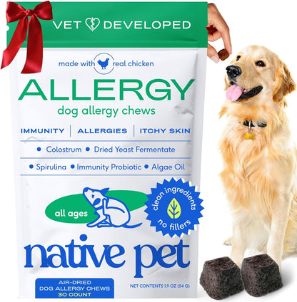 Native Pet Dog Allergy Chews - Dog Allergy Relief with Probiotics and Colostrum for Itchy Skin Relief to Support Seasonal Allergy and Healthy Immune System - All Natural Anti-Histamine - 30 Chews