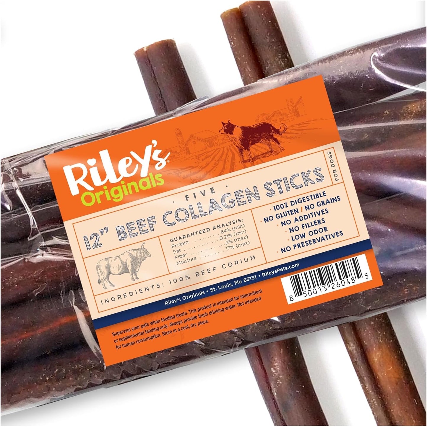 Riley's 12 Inch Beef Collagen Sticks for Dogs, Collagen Chews for Dogs, Bully Stick & Rawhide Alternative, Long Lasting, No Raw Hide Chews, Single Ingredient Dog Treat - 5 ct