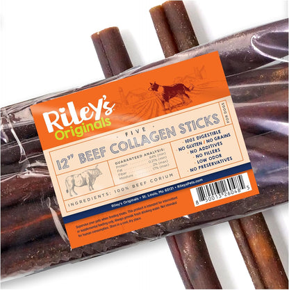 Riley's 12 Inch Beef Collagen Sticks for Dogs, Collagen Chews for Dogs, Bully Stick & Rawhide Alternative, Long Lasting, No Raw Hide Chews, Single Ingredient Dog Treat - 5 ct