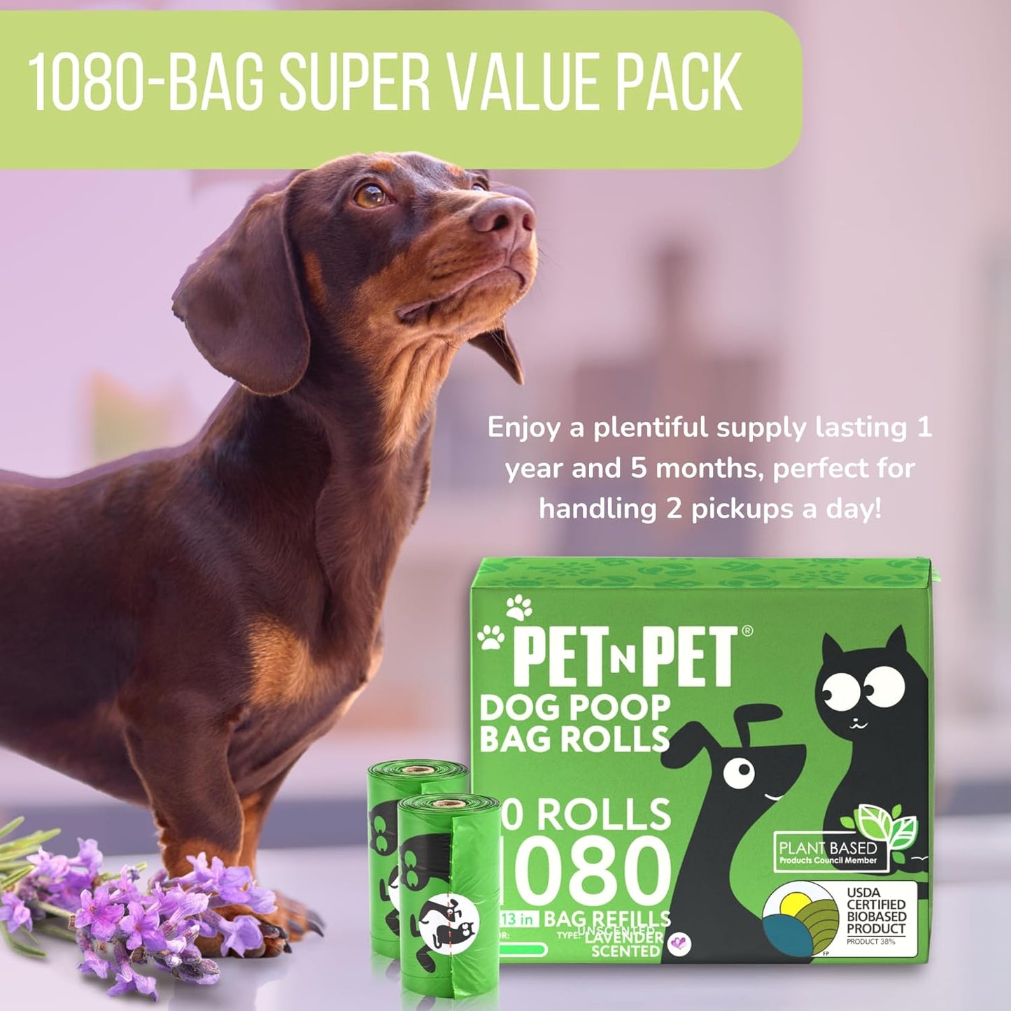 Pet N Pet 1080 Counts Green, Lavender Scented Poop Bags for Dogs, 38% Plant Based & 62% PE + 100% Plant Based Dog Wipes for Paws and Butt, 400 Counts Dog Pet Wipes, 8" x 8" Hypoallergenic Wipes