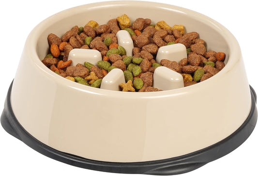IRIS USA 4-Cup Slow Feeder Bowl, Anti-Choking & Anti-Slip Puzzle Dish for Healthy Digestion, Long Snout Dogs & Cats, BPA & PVC-Free, Beige/Black