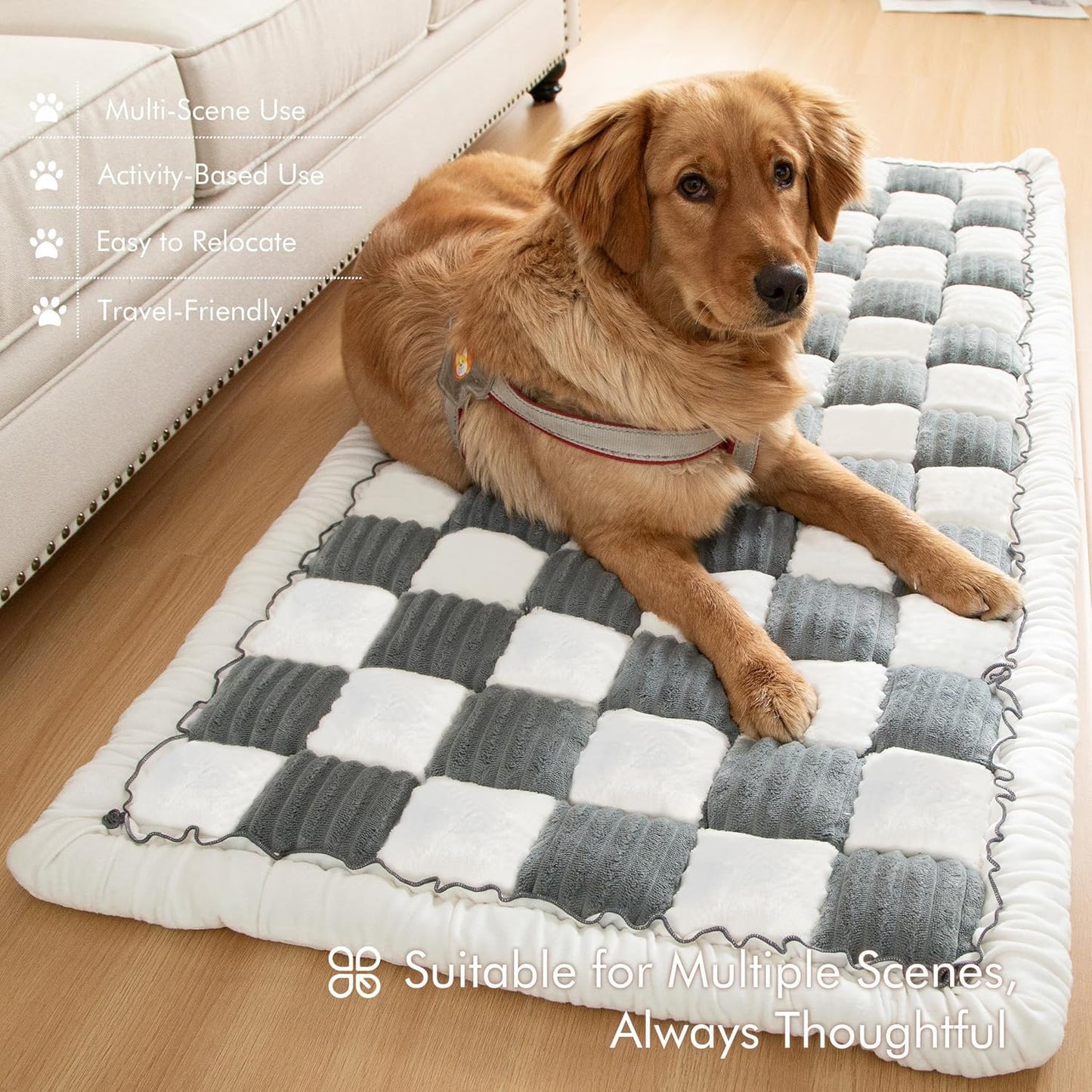 Dog Bed Mat for Car Backseat Extender, Non-Slip Plaid Pet Bed Mat for Car Back Seat Protector Cover, Furry Dog Couch Cover, Flannel Travel Dogs Mat for Cars, SUVs, Sedans. (51" x 24") (Grey, M)