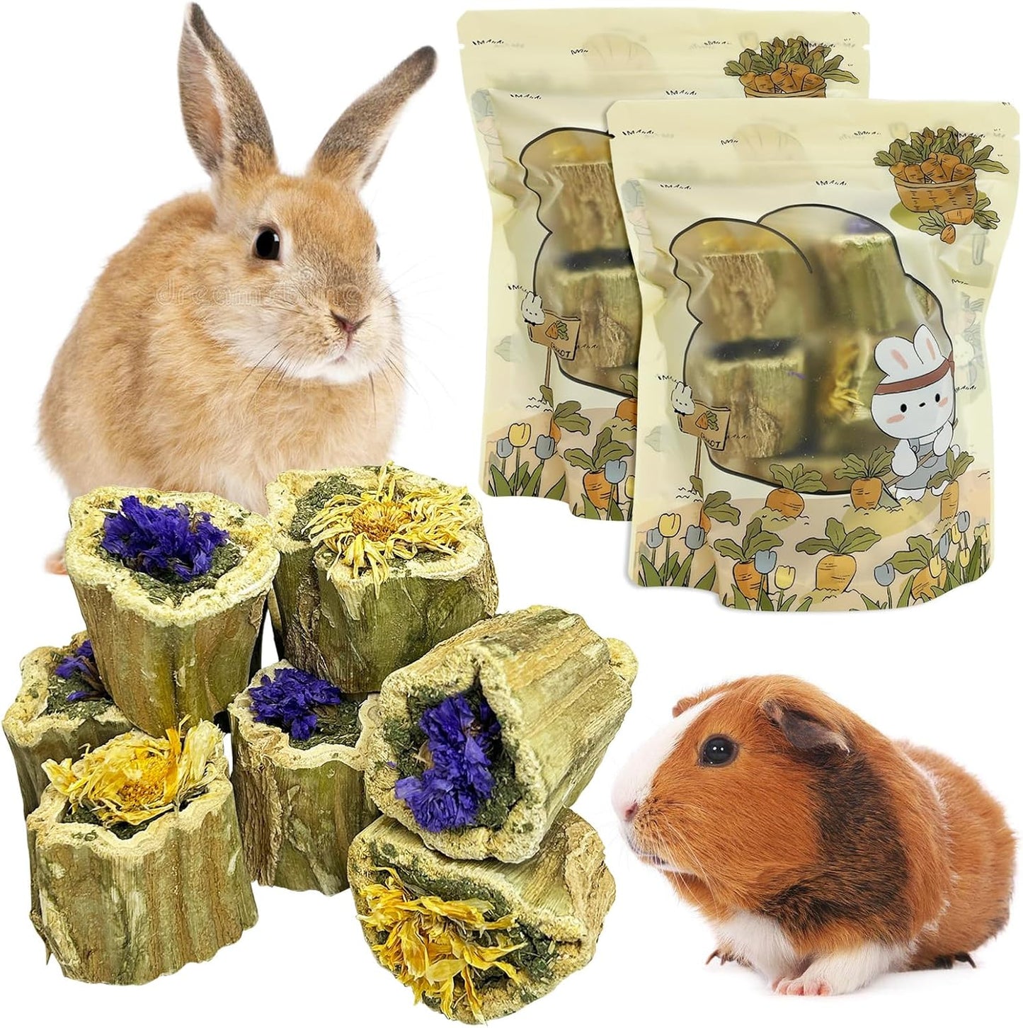 PINVNBY Natural Rabbit Chew Toys Organic Papaya Wood Bunny Treats with Alfalfa Hay and Dried Flower Guniea Pig Molar Snacks for Hamster Chinchilla Gerbil Small Animals Teeth Grinding (7.05 oz/200 g)