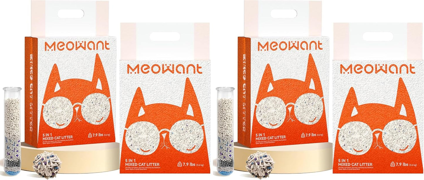 Meowant 5-in-1 Mixed Cat Litter, Natural Bentonite Tofu Clumping Cat Litter, Ultra Absorbent, Fast Clumping, Dust-Free, Odor Control, Flushable, 7.9lbs*2 (Pack of 2)