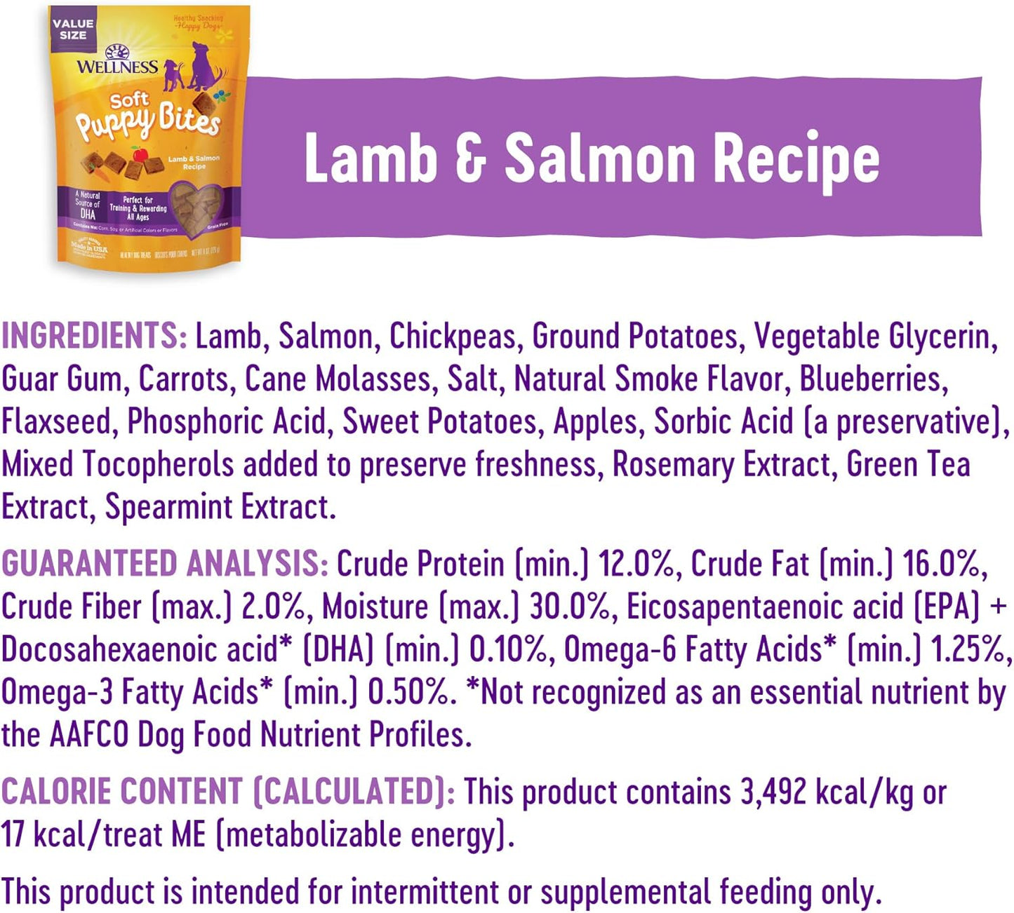 Wellness Puppy Treats, Natural, Training Treat, Grain Free, Soft Lamb & Salmon (8 Ounce Bag)