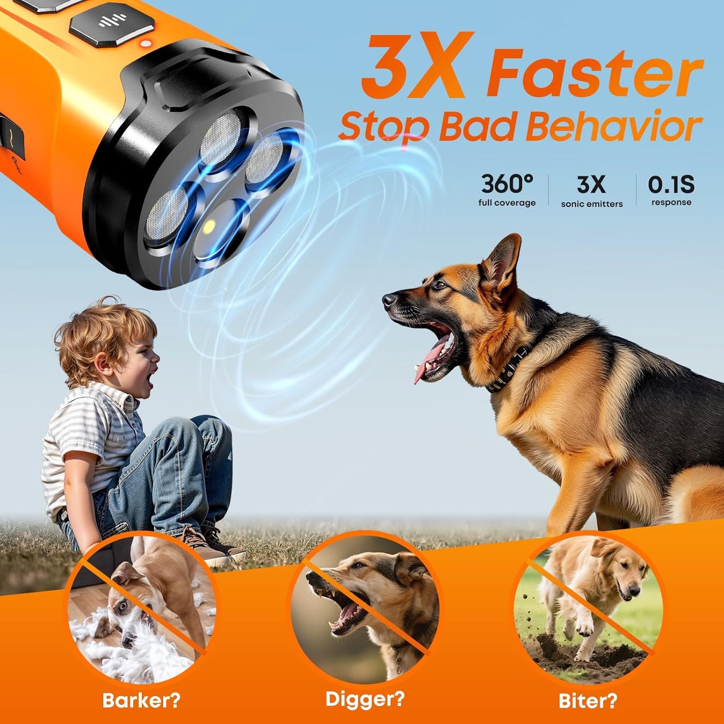 Dog Bark Deterrent Device, 3X Sonic Emitters, Dual-Frequency Bark Control, Flashlight & Sound Modes, Humane No-Bark Trainer, Safety Lock, USB-C Rechargeable (Orange)