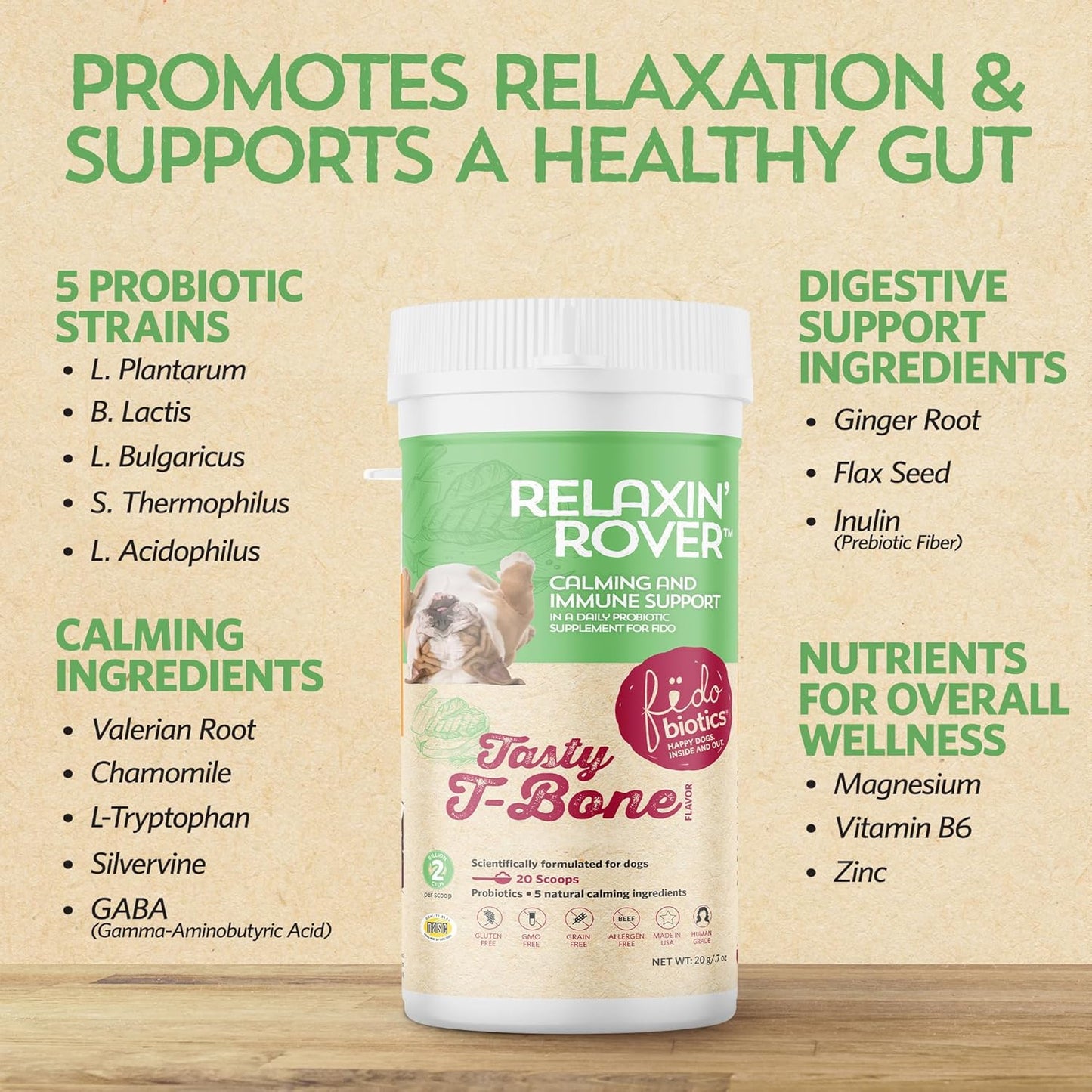Fidobiotics Relaxin’ Rover Calming Supplement, Probiotics for Dogs with Valerian, Chamomile & GABA for Stress & Anxiety Relief, Tasty T-Bone Flavor 20 Servings