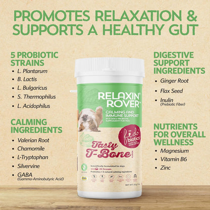 Fidobiotics Relaxin’ Rover Calming Supplement, Probiotics for Dogs with Valerian, Chamomile & GABA for Stress & Anxiety Relief, Tasty T-Bone Flavor 20 Servings