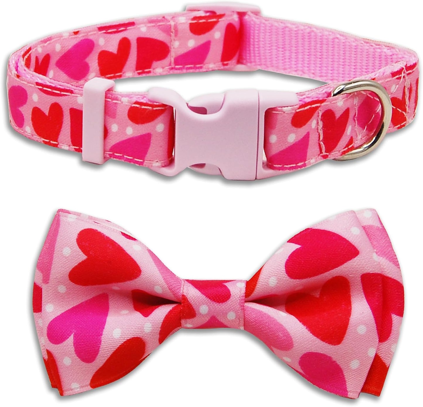 Valentine Dog Collar with Bow Tie, Holiday Quick-Release Red and Pink Heart with White Polka Dots Pattern for Small Medium Large Pets Puppies