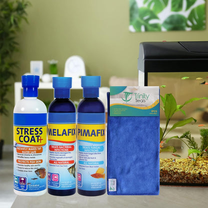 Aquarium Care Kit with MeIafix 8 oz, PlMAFlX 8 oz, Stress Coat 16 oz, and Trinity Treats Microfiber Cleaning Cloth for Freshwater Fish Tank Maintenance