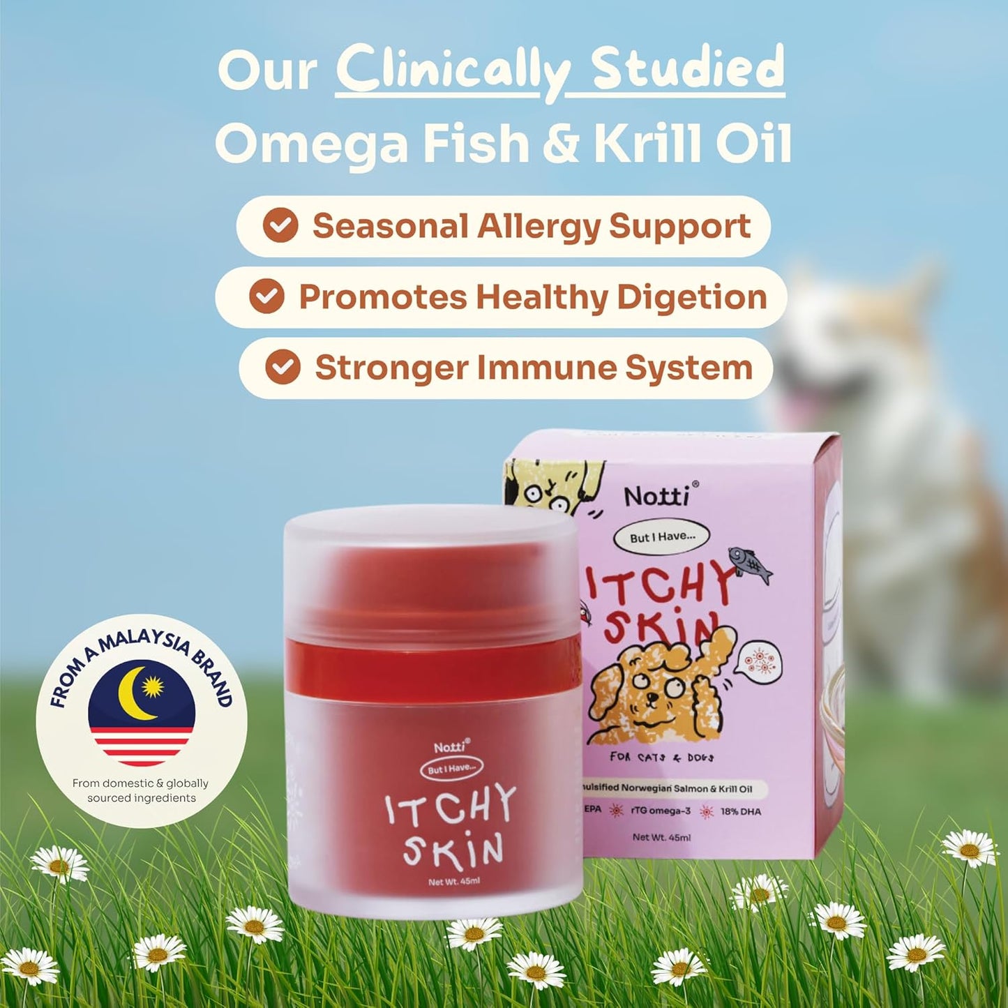 Notti Itchy Skin Allergy Relief - Omega 3 Fish Oil - Itchy Ears - High Concentration - Norwegian Salmon & Krill Oil Pet Supplement for Cats and Dogs - DHA - Probiotics - Joint