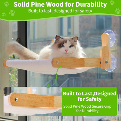 Cat Window Perch with Wooden Frame – Aloxina Foldable Cat Hammock Bed for Indoor Cats, Soft Rabbit Fur Cover, Washable, Strong Suction Cups, No Drilling, Supports Large Cats