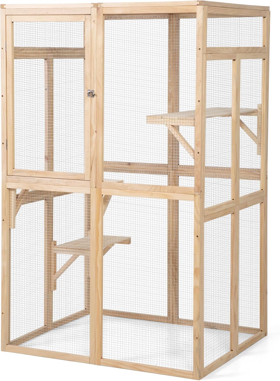 Wooden Cat Catio Outdoor Enclosure with Hammock and Platforms, Weatherproof Design, Burlywood