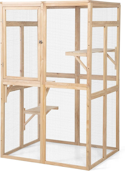 Wooden Cat Catio Outdoor Enclosure with Hammock and Platforms, Weatherproof Design, Burlywood