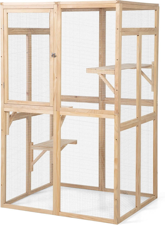 Wooden Cat Catio Outdoor Enclosure with Hammock and Platforms, Weatherproof Design, Burlywood
