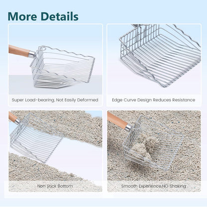 Cat Litter Scoop, 9.8" Extended Handle Premium Kitty Shovel with Hook and Hole, Metal Sifter Scooper Stainless Steel for Easy Cleaning, Durable and Heavy Duty, Odor-Free for Litter Box