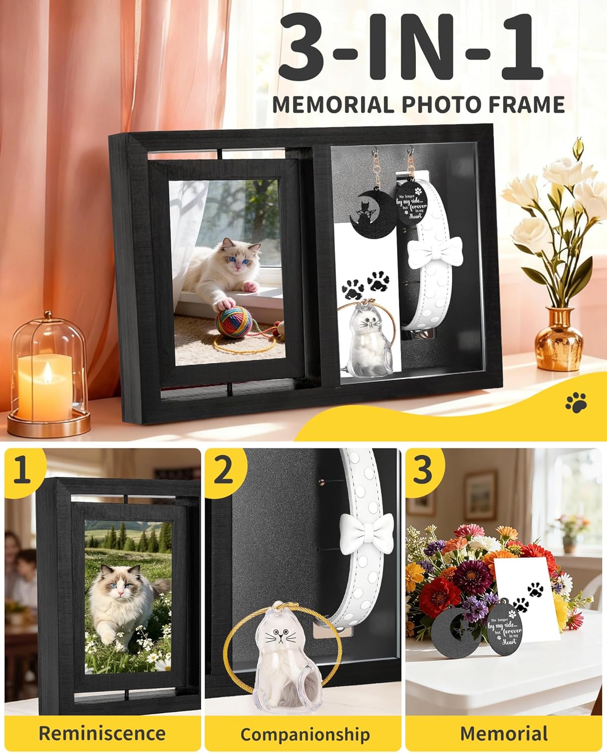 Dog & Cat 3-IN-1 Memorial Wooden Picture Frame Set, Lost Pet Sympathy Gifts with 360° Rotation Wooden Picture Frame for Two 4"x6" Photos, Pet Memory Gifts for Dog/Cat Passing
