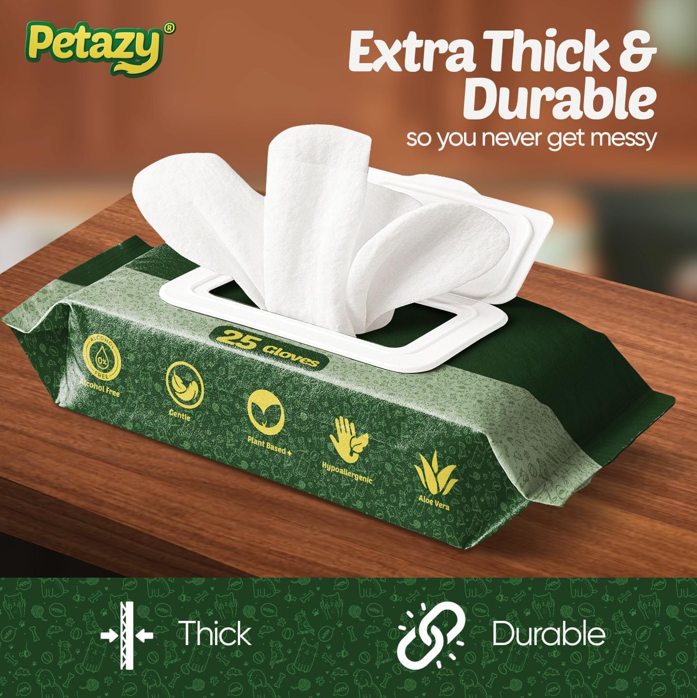 Pet Glove Wipes for Dogs & Cats – 50 Pack | Hypoallergenic, No Rinse, Extra Thick Cleaning Gloves with Aloe & Coconut Oil | Paws, Face, Ears & Butt | Travel Friendly, Gentle & Safe