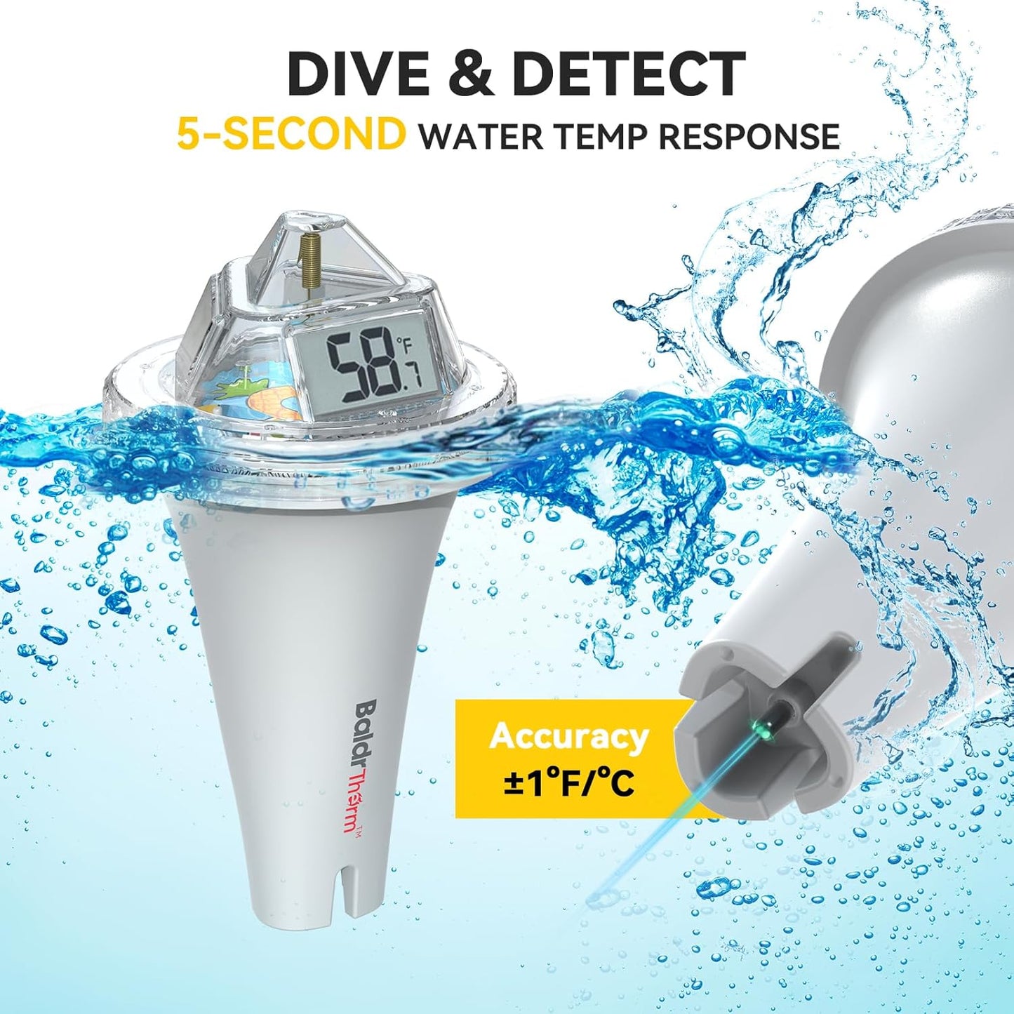 BaldrTherm Digital Floating Pool Thermometer, Anti-Fog Design with 360° Visibility, IPX7 Waterproof Water Temp Monitor for Swimming Pools, Hot Tubs, Ice Baths, Spas, Aquariums & Ponds
