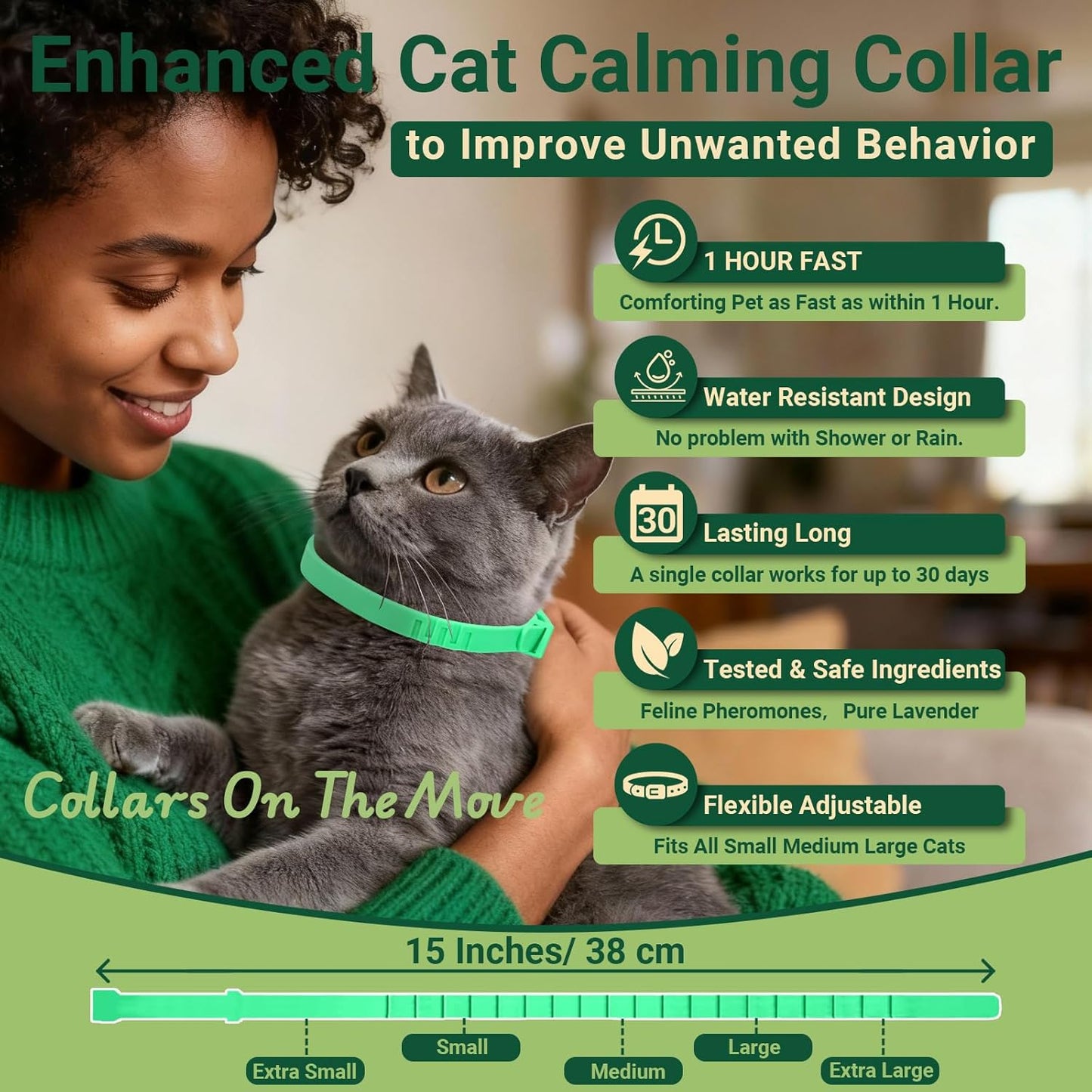 6 in 1 Cat Calming Pheromone Kit, 2 Pack Cat Calming Diffuser for Indoors Stress, 2 Pack Calming Collar for Cats to Comfort Anywhere, Dual-Action Calming to Reduce Anxiety,Scratching(120 Days Green