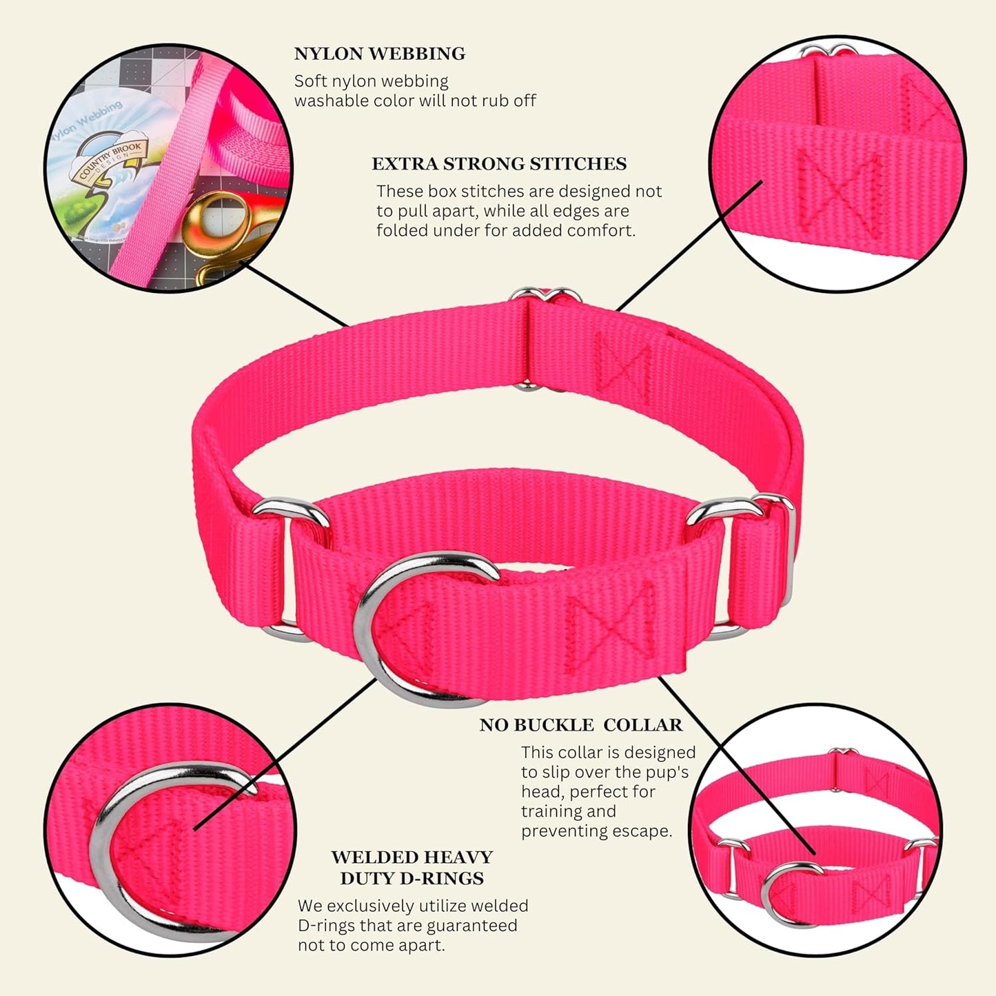 Country Brook Petz - Martingale Dog Collar - Heavy-Duty Training Collar with No Buckle - Service Dog Collar for All Pups - 10+ Warm Colors (Hot Pink, 1 Inch, Medium)