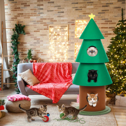 Leinuosen 60 Inch Felt Cat Christmas Tower for Indoor with 3 Condos 5 ft Xmas Tall Cat Tree Tower Furniture with Star Topper for Kitty Kitten DIY Christmas Decoration Activity Center Play House