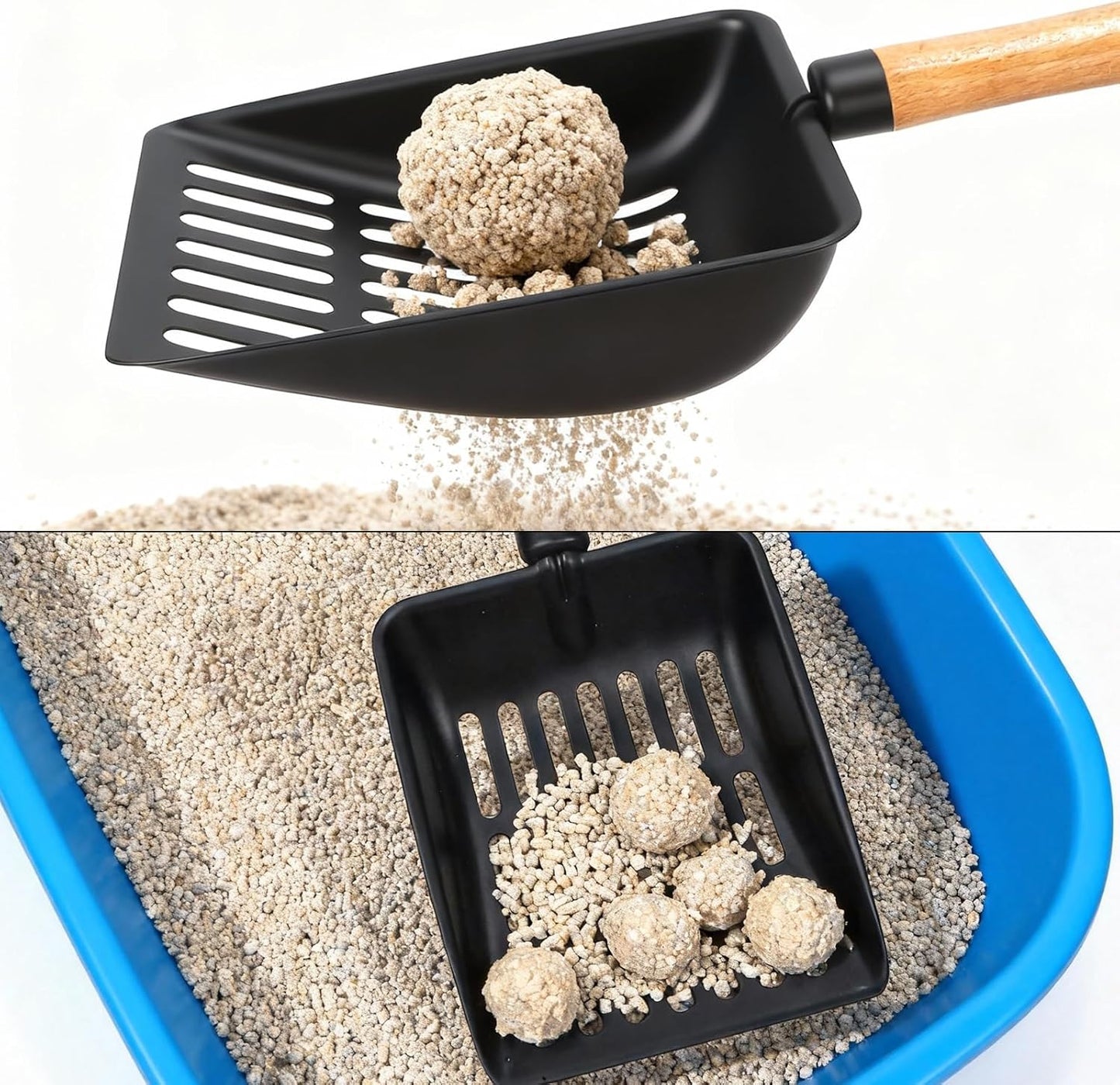 Cat Litter Scoop, Metal Litter Scoop with Holder, Heavy Duty Metal Cat Scooper for Litter Box, Black Sifter Scoop for Pellets, Wooden Handle Scoop with Hole, Kitty Necessity (5.5" Handle with Holder)