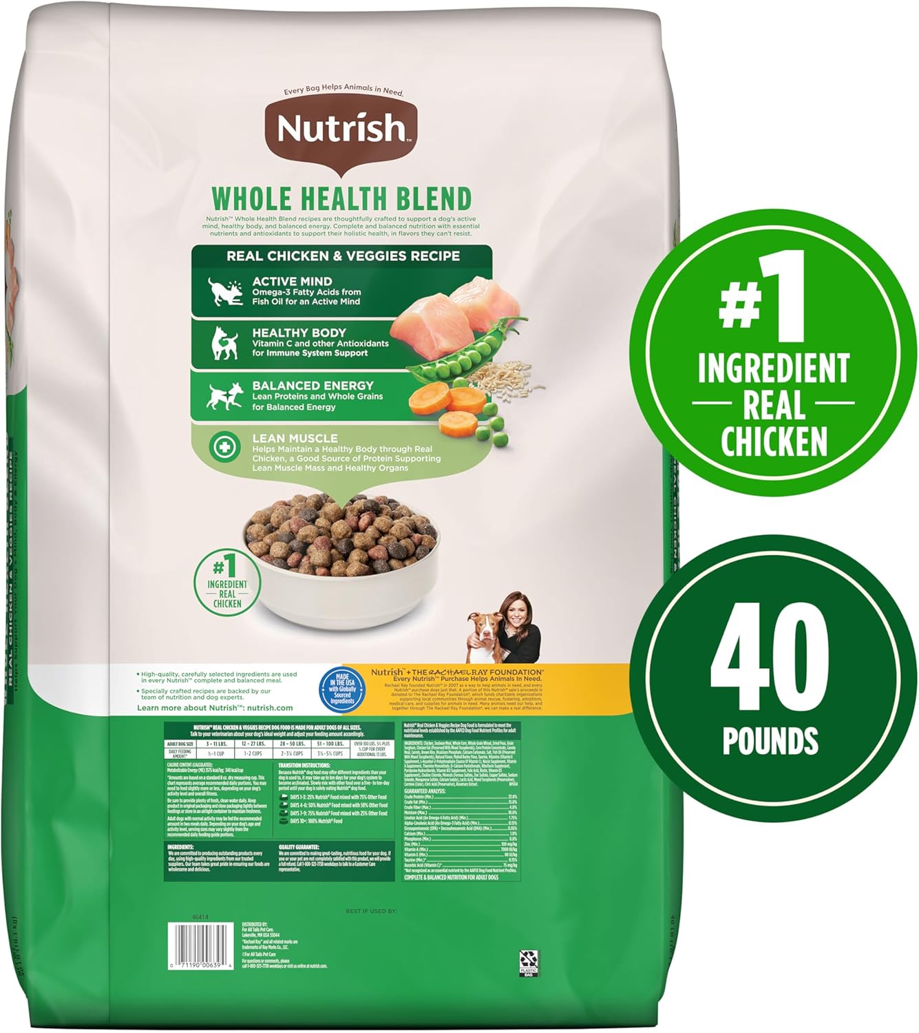Nutrish Dry Dog Food Real Chicken & Veggies Recipe Whole Health Blend, 40 lb. Bag, (Rachael Ray)