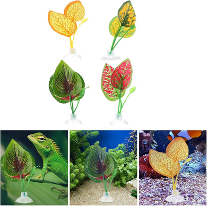 4Pcs Artificial Reptile Plants and Plastic Leaves Decor for Terrarium Habitat Landscaping, Natural Style Decorative Leaves for Turtle, Lizard, Snake Enclosures