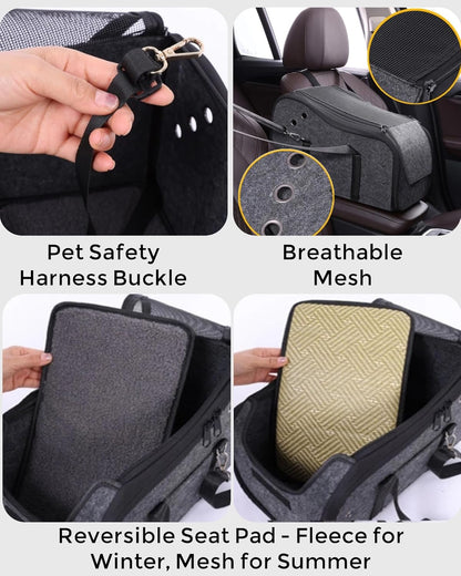 Center Console Dog Car Seat for Small Dogs 0-15 lbs, Pet Car Bed with Adjustable Safety Straps & Hook, Secure Comfortable Puppy Seat for Middle Console