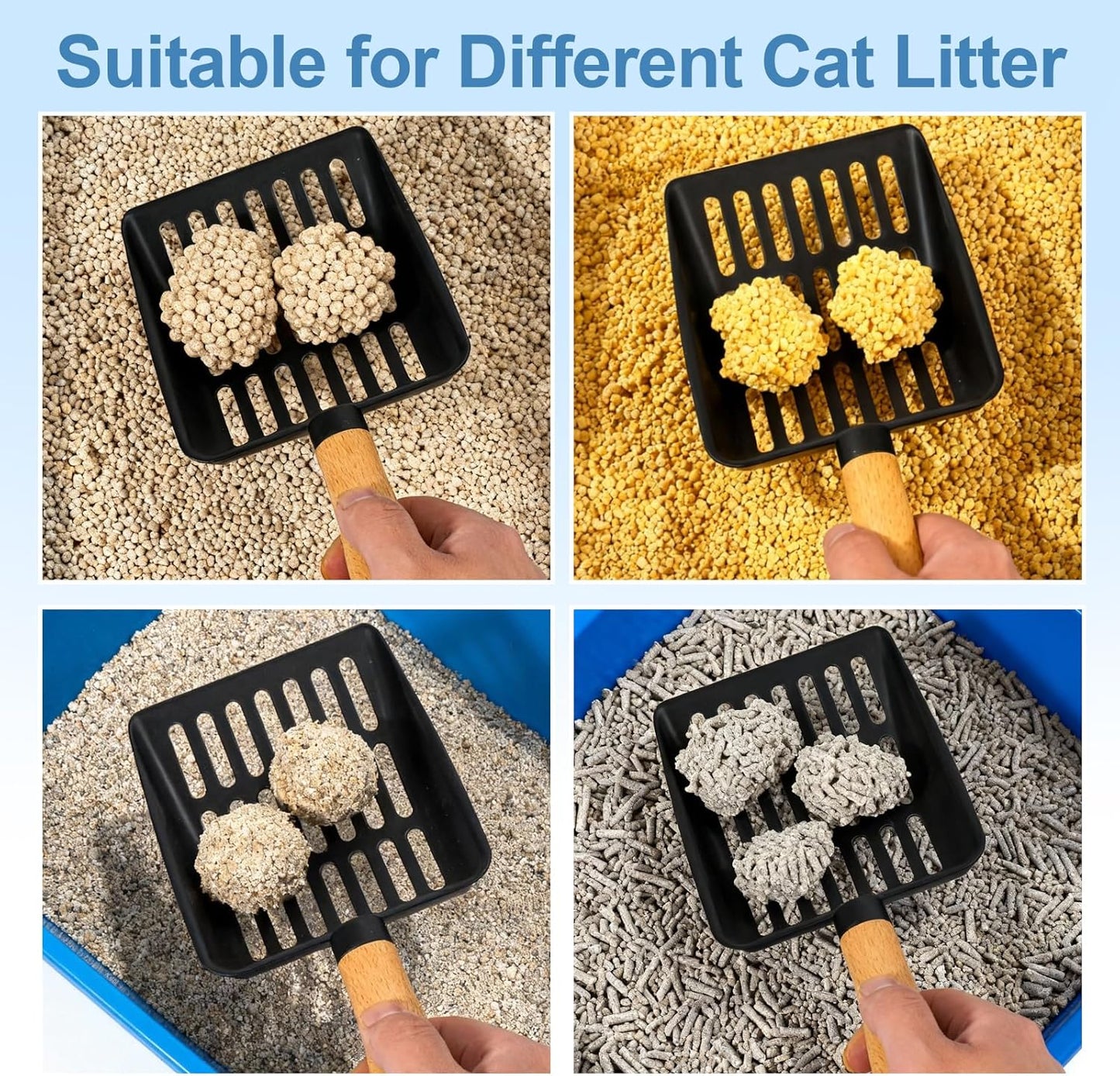 Cat Litter Scoop, Metal Litter Scoop with Holder, Heavy Duty Metal Cat Scooper for Litter Box, Black Sifter Scoop for Pellets, Wooden Handle Scoop with Hole, Kitty Necessity (5.5" Handle with Holder)