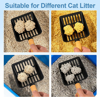 Cat Litter Scoop, Metal Litter Scoop with Holder, Heavy Duty Metal Cat Scooper for Litter Box, Black Sifter Scoop for Pellets, Wooden Handle Scoop with Hole, Kitty Necessity (5.5" Handle with Holder)