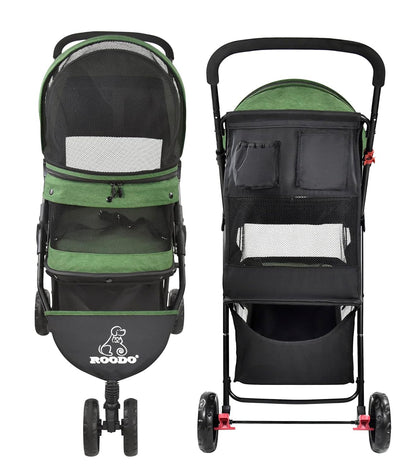 ROODO 3 Wheel Pet Stroller Best Lightweight Foldable Compact Portable Jogger All Terrain Travel Pet Gear Puppy Kitty Stroller for up to 30lbs Medium Small Dogs and Cats(Green)
