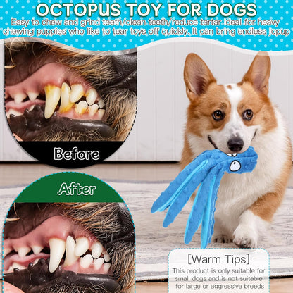 3 Pack Squeaky Dog Toys Octopus No Stuffing Crinkle Plush Dog Toy Interactive Puppy Teething Chewing Pet Supplies for Chewer, Small, Medium (Blue, Green)