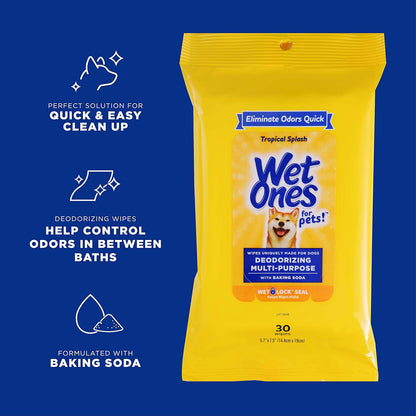 Wet Ones for Pets Deodorizing Multi-Purpose Dog Wipes with Baking Soda Dog Deodorizing Wipes for All Dogs in Tropical Splash Scent, Wipes with Wet Lock Seal Pouch Dog Wipes(Pack of 2,30 Count)