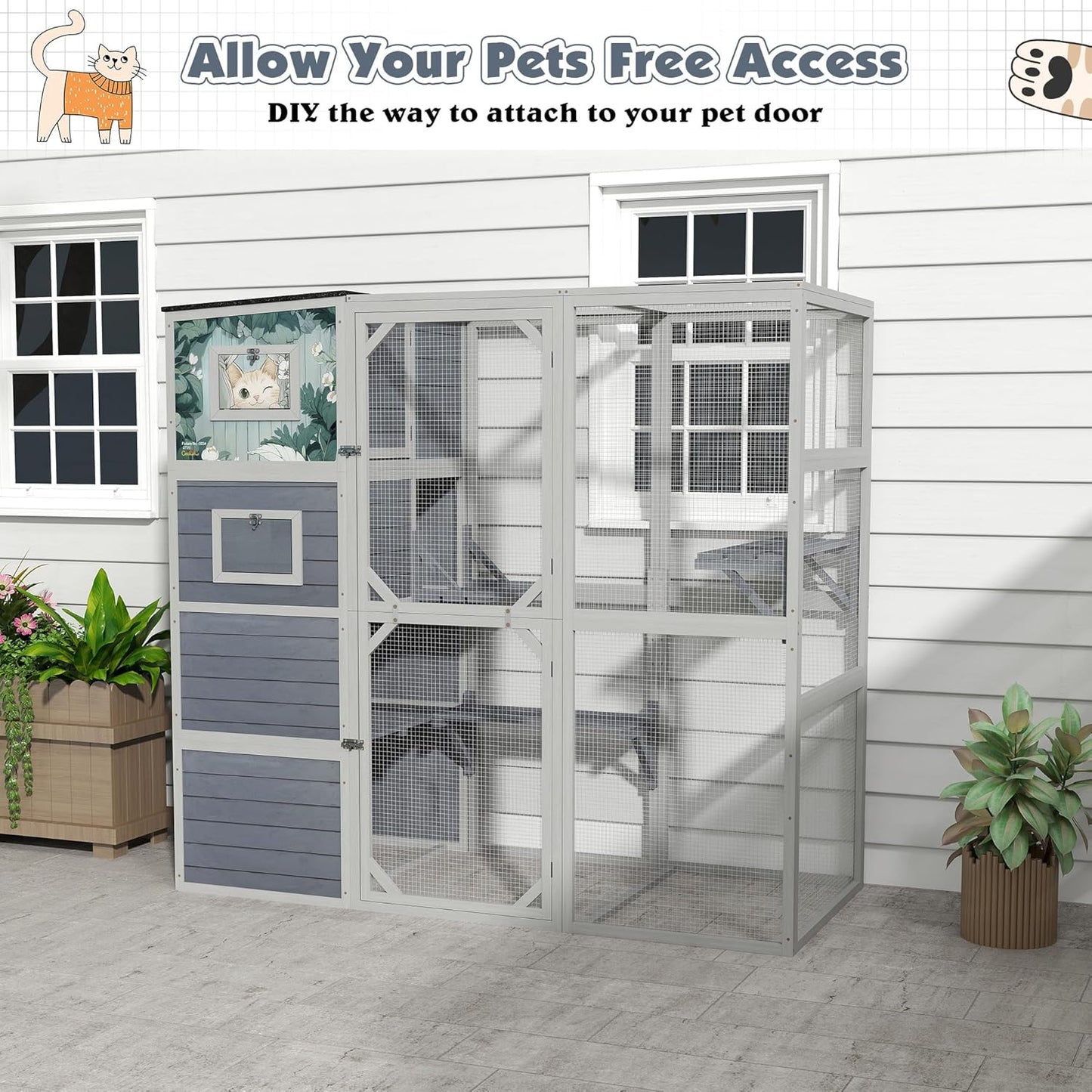 COZIWOW Large Wood Cat Catio, Outdoor Enclosure with Weatherproof Roof, 2 Resting Rooms, 2 Platforms, 4-Tier Cat Playpen (Grey with Pattern)