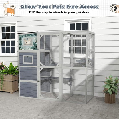 COZIWOW Large Wood Cat Catio, Outdoor Enclosure with Weatherproof Roof, 2 Resting Rooms, 2 Platforms, 4-Tier Cat Playpen (Grey with Pattern)