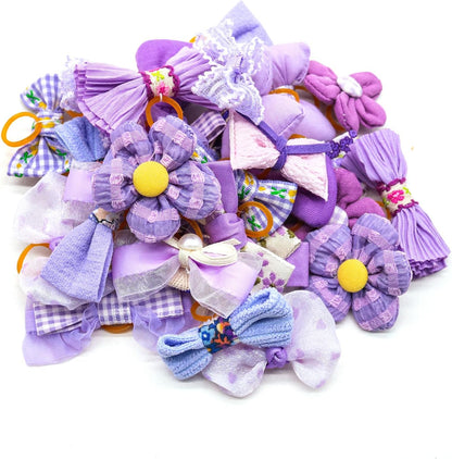 Mruq Purple Small Dog Hair Bows with Rubber Bands, Mix Handmade Cute Gooming Flower Ball Bows for Holiday Daily Accessories