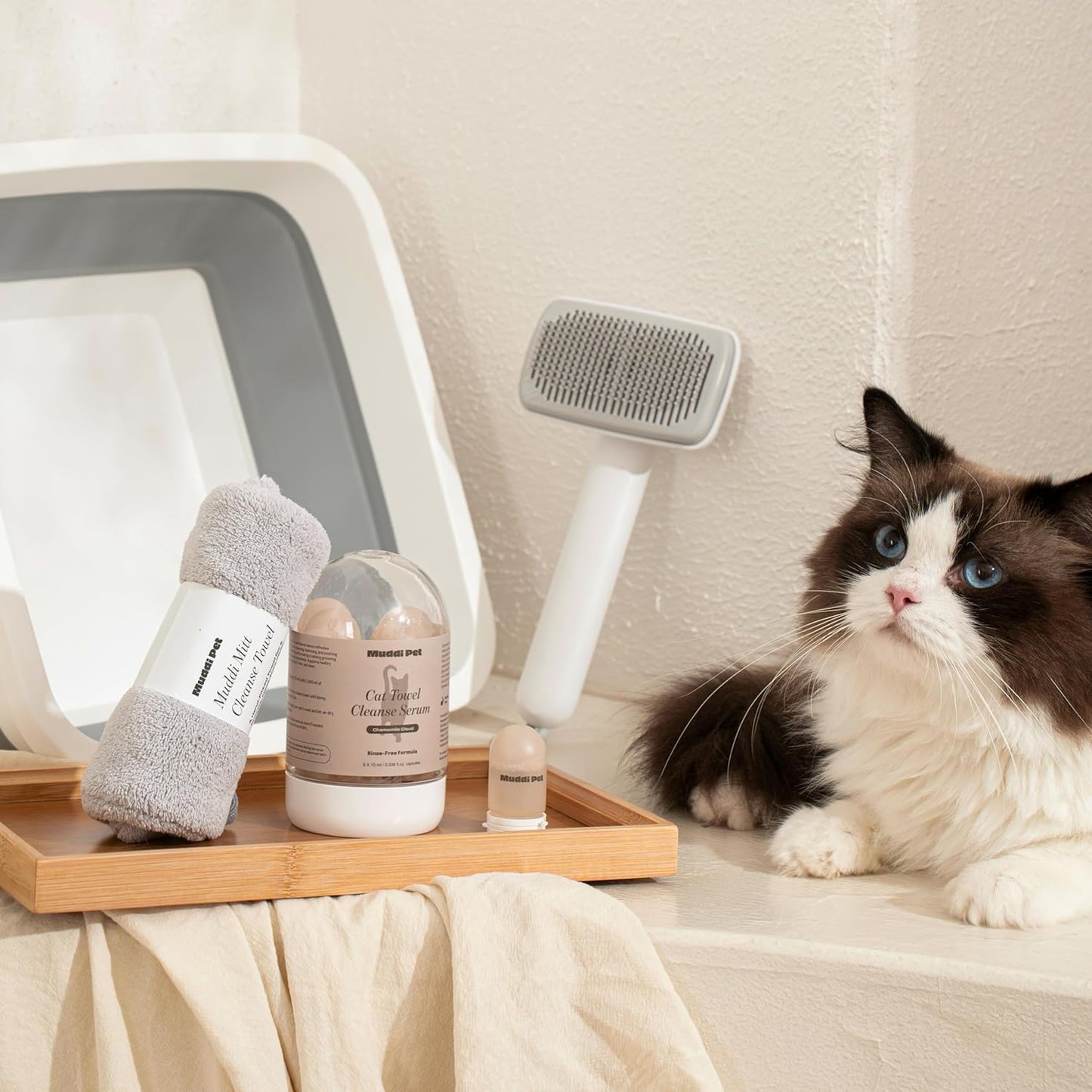 Cat Rinse-Free Shampoo & Conditioner – Dry Shampoo Towel Cleanse for Sensitive Skin, Stress & Itch Relief Gentle Leave-in Serum – 98.65% Naturally Derived, Hydrate & Deodorize – 8 x 10ml