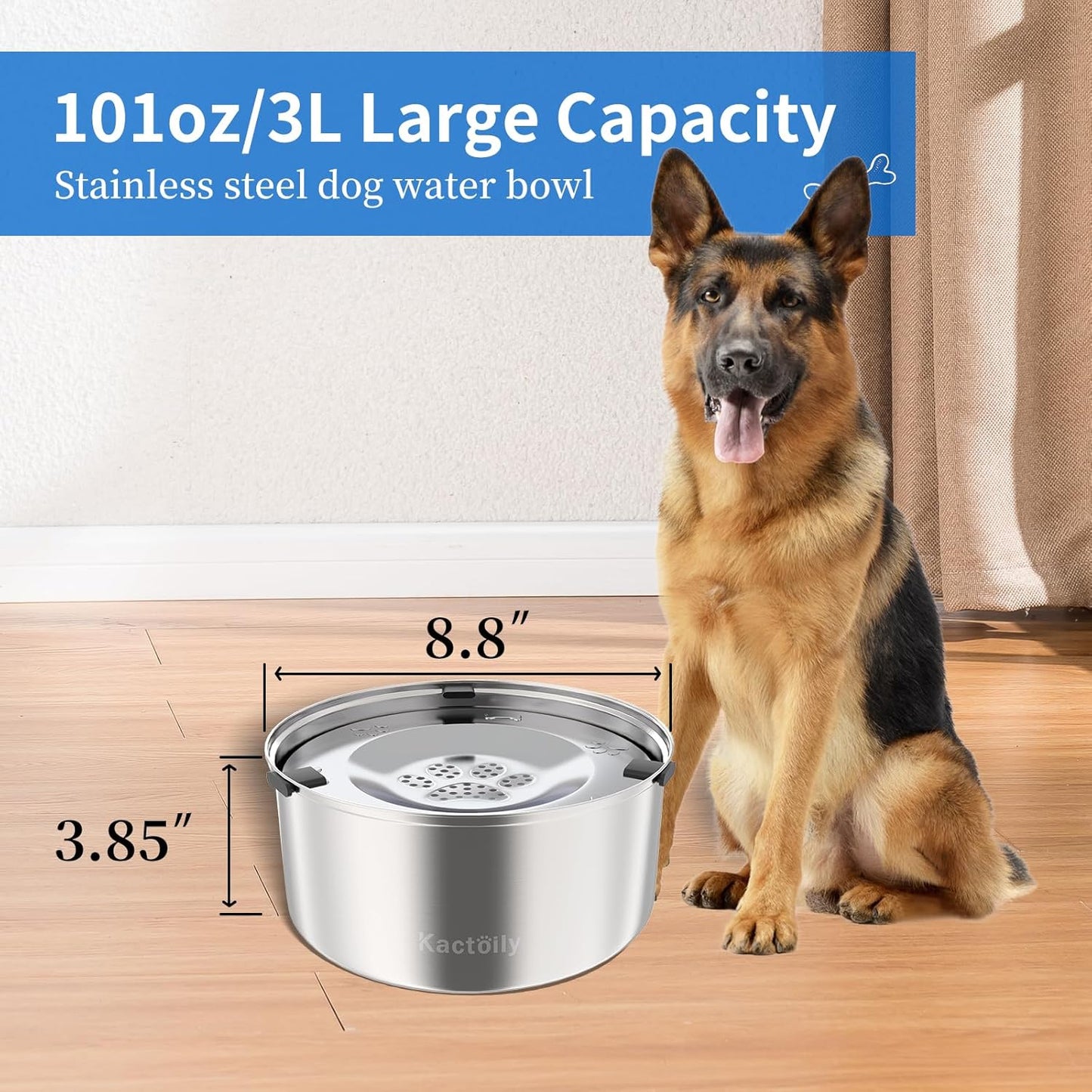 Kactoily 3L/101oz Large Capacity Dog Water Bowl Stainless Steel No Spill Dog Bowls Slow Drinking Dog Water Feeder Dispenser