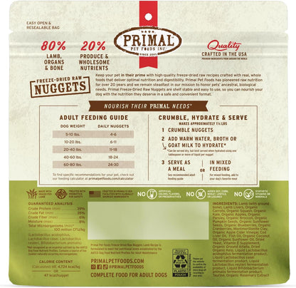 Primal Freeze Dried Raw Dog Food Nuggets, Lamb, Complete & Balanced Meal, Also Use as Topper or Treat, Premium, Healthy, Grain Free, High Protein Raw Dog Food, 5.5 oz
